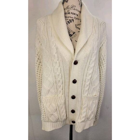 The Broadway Grandpa Cardigan Sweater Large Cable Knit Shawl Collard Fisherman - Picture 2 of 11